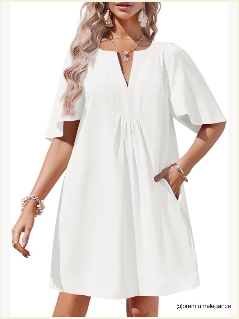 Flutter Sleeve Mini Dress V Neck Loose Flowy Side Pockets